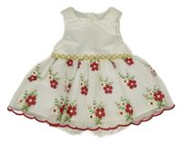 Nové - smetanovo-červené slavnostní šaty s květy a všitými kraťasy 