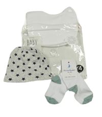 Nové - 4 set - 2x bílý bryndák + bílo-zelené ponožky + šedá čepice s hvězdičkami