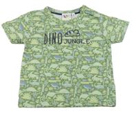 Zelené vzorované tričko s dinosaurami a nápisom