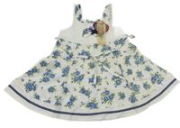 Nové - bielo-modré plátenné kvetované šaty s opaskom