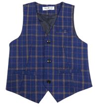 Tmavomodro-okrová kockovaná slávnostná vesta