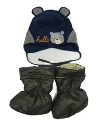 2set - Tmavomdoro-šedá čepice s medvídkem + khaki šusťákové zateplené capáčky