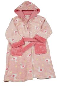 Růžový plyšový župan s labutěmi a kapucí 
