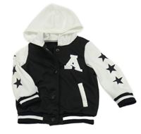 Černo-bílá baseballová mikina s písmenem a kapucí 