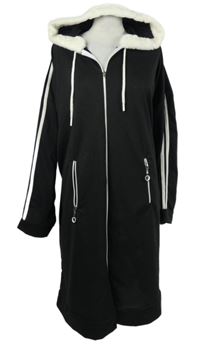 Dámský černý teplákový kabát s pruhy a kapucí 