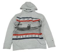 Šedá mikina s obrázkem, logem a kapucí Tommy Hilfiger