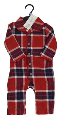 Nové - Červeno-bielo-tmavomodrý kockovaný overal s golierikom F&F