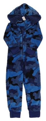 Modro-černá army chlupatá kombinéza s kapucí Peacocks