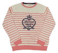 Bílo-růžový pruhovaný svetr s nápisem 