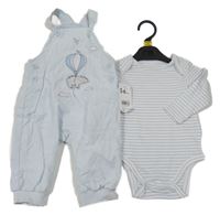 Nové - 2set - Světlemodré laclové manšestráky s medvědem + body Mothercare