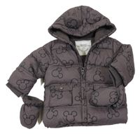 Tmavosivá šušťáková zateplená bunda s Mickeym a kapucí + rukavice George