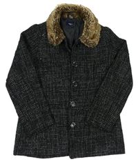Čierny melírovaný pletený podšitý kabát s kožešinou GAP