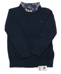 Nové - Tmavomodrý vzorovaný svetr se všitou košilí Dunnes