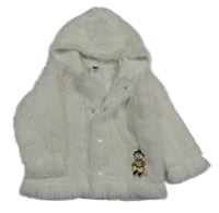 Biela chlpatá bunda s bobrem a kapucňou