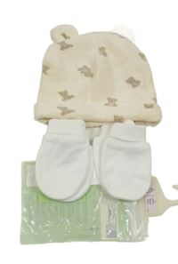 3set - 1x Broskvová sametová čepice s medvídky + 2x bílé rukavice