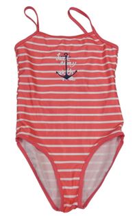 Růžovo-bílé pruhované jednodílné plavky s kotvou Alive