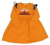 Oranžové bavlnené šaty s dýněmi a volánikmi