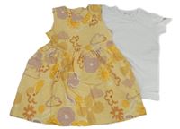 Nové - 2set - Žluté teplákové šaty s květy + bílé tričko Nutmeg