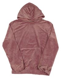 Růžová sametová mikina s klokankou a kapucí