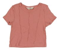 Svetloružové rebrované crop tričko s volánikmi H&M