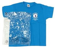 Modré tričko s gymnastkou a nápismi FRUIT of the LOOM