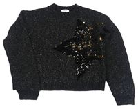 Čierno-strieborný melírovaný oversize crop sveter s hvězdou z překlápěcích flitrů Next