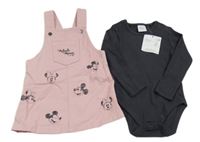 Nové - 2Set - Růžové riflové šaty s Minnie a kapsou + tmavošedé žebrované body Disney