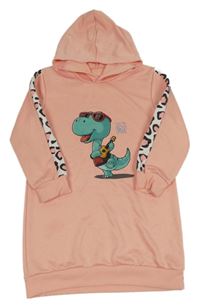 Broskvové teplákové šaty s dinosaurem a vzorem a kapucí 