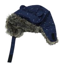 Tmavomodrá šusťáková beranice s hviezdičkami a kožešinou a uškami H&M