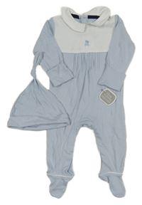 Nové - 2Set - Světlemodro-bílý overal s medvídkem a límečkem + čepice little nutmeg