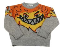 Sivý melírovaný sveter s príšerkou a plameny SHEIN