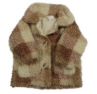 Hnedo-světlehnědo-béžovo-smotanová kockovaná huňatá podšitá bunda s golierikom H&M