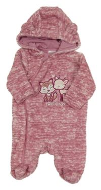 Starorůžová melírovaná plyšová kombinéza se zvířátky a kapucí s oušky orsolino