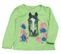 Zelené triko s koníkem a květy a volánky Kids