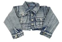 Tmavomodro-bílé plísňové riflové bolérko s motýlikmi a flitrami a golierikom