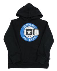 Černá mikina s logem a kapsou a kapucí converse