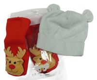 Nové - 2Set - Světlešedá pletená čepice s oušky mamas&papas + červené teplé ponožky se sobem