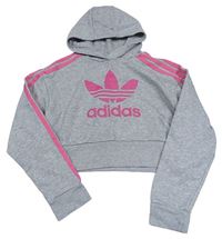 Šedá melírovaná crop mikina s logem a kapucí Adidas