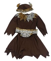 Kostým - 3set - Hnědé šaty + čepice - vzorovaný pásek - pračlověk
