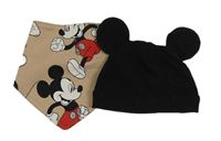 2set - Černá bavlněná čepice s oušky + béžový slinták s Mickeym