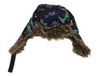 Tmavomodrá šusťáková beranice s dinosaury a kožešinou H&M