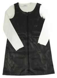 2set - Černé koženkové propínací šaty + bílé žebrované crop triko Primark