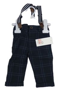 Nové - Tmavomodro-černé kostkované kalhoty s kšandami F&F