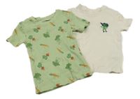 2x žebrované tričko - béžové s brokolicí + zelené se zeleninou Ergee