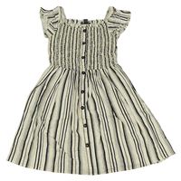 Smetanovo-černé pruhované lněné šaty s knoflíky Primark