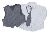 3set - Bílá pruhovaná košile + šedá pruhovaná slavnostní vesta + kravata Bornino