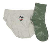 2 set - biele slipy + zelené ponožky s dinosaurami