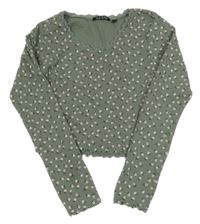 Khaki kvetované rebrované crop tričko blue seven