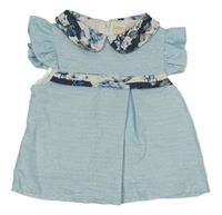 Světlemodrá třpytivá pruhovaná halenka s květovaným límečkem 