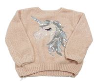 Ružový žinylkový sveter s jednorožcem z flitrů Primark